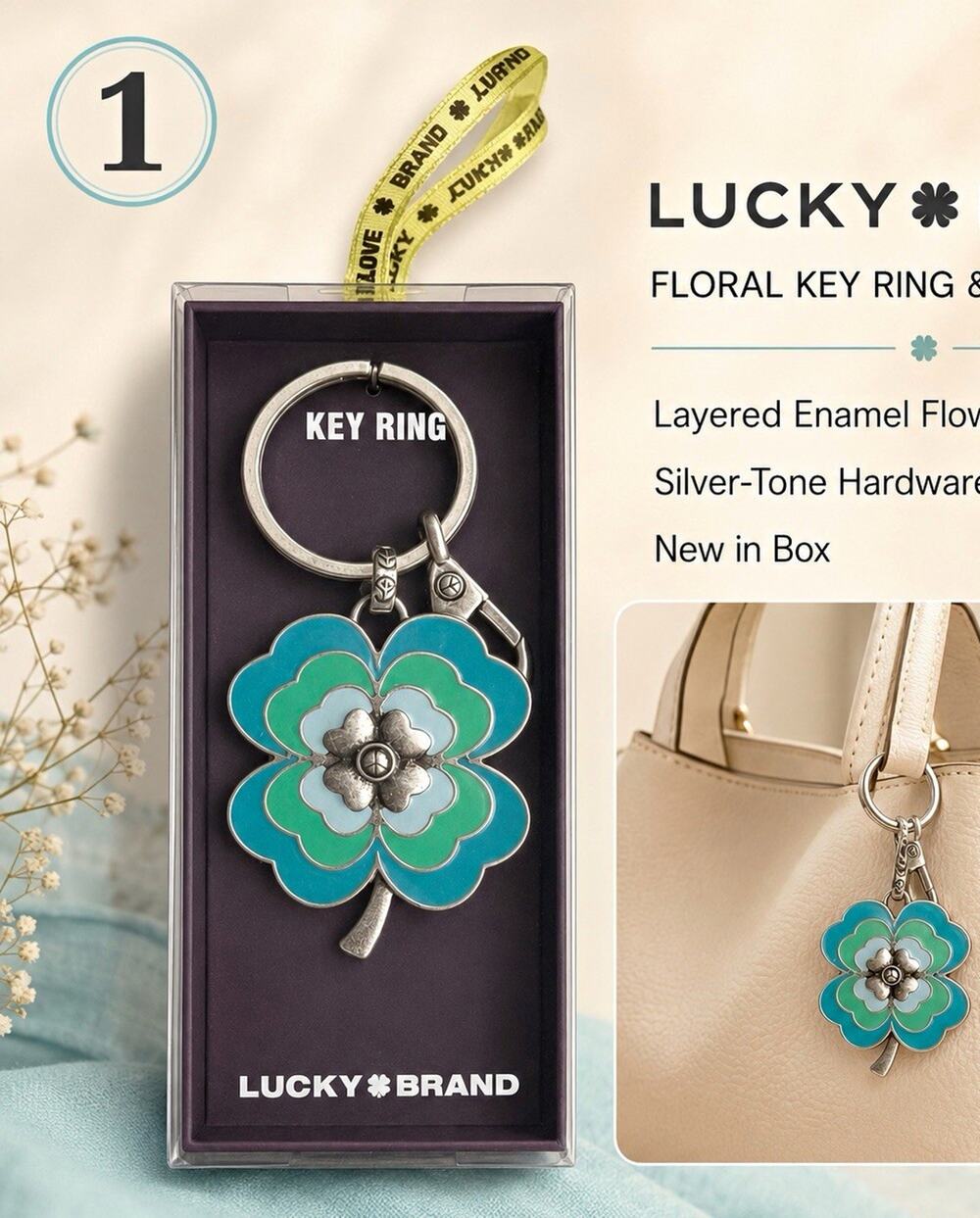 Lucky Brand Silver-Tone Floral Layered Enamel Flower Keyring Bag Charm